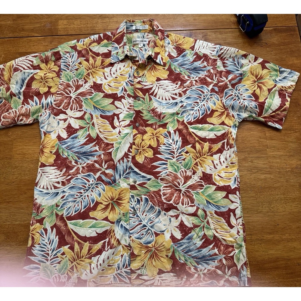 Pierre Cardin Hawaiian Button Up Shirt Orange Cotton Resort Short Sleeve Beach